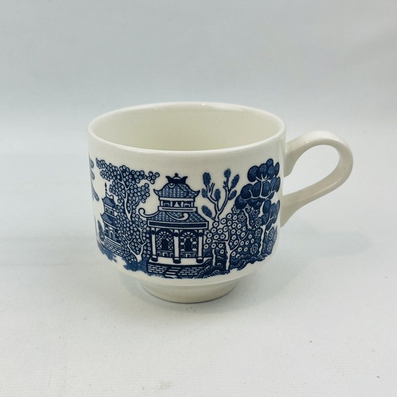 Churchill Blue Willow Large Flat Cup Saucer Set England Georgian Shape - Picture 4 of 11